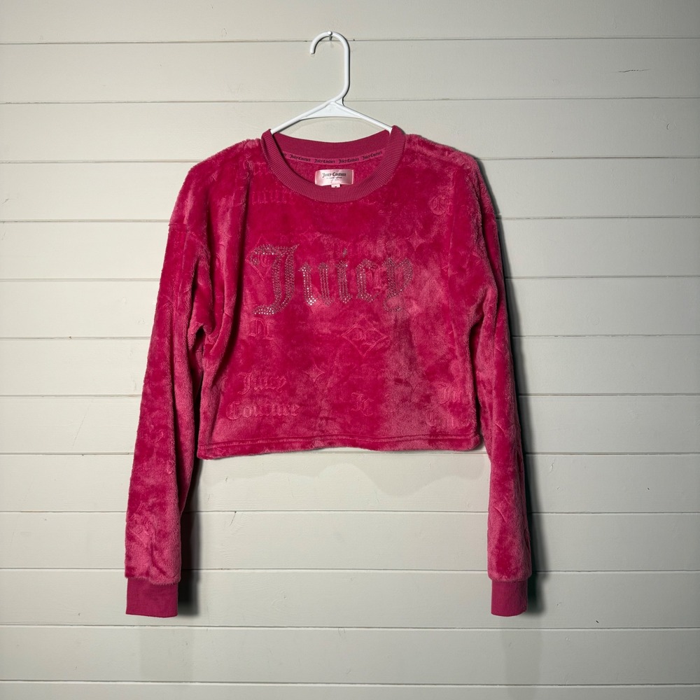Juicy Couture Cropped Faux Fur Sweatshirt‎ Pink Y2K Rhinestone Logo Medium 3